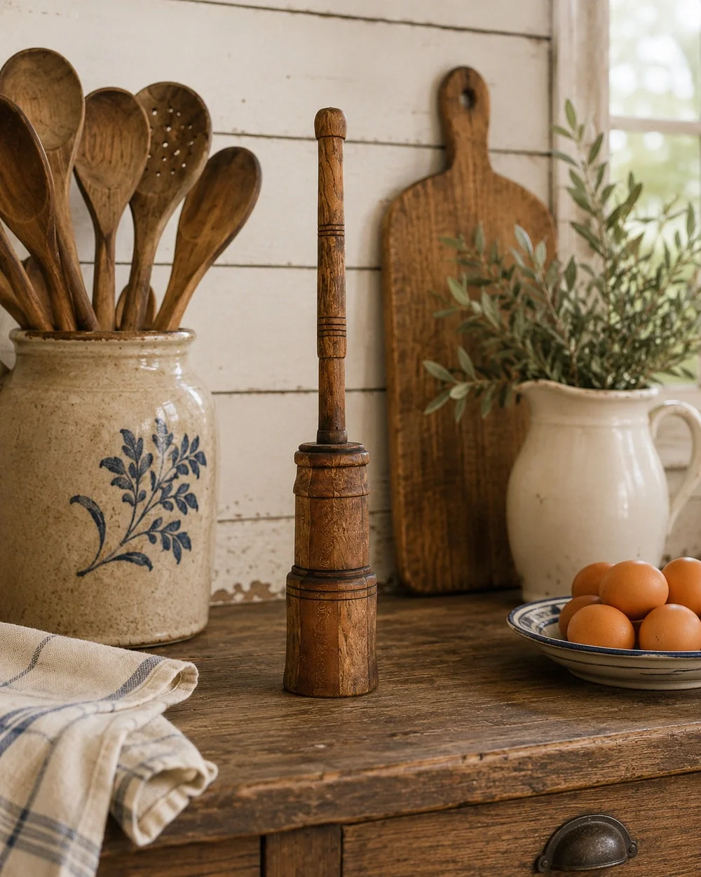 Hand Carved Wooden Pestle: Primitive Rustic Farmhouse Decor